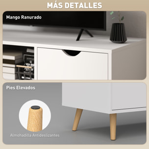 Mueble de TV, Mesa de TV con Cajón, 2 Puertas y Estante Abierto, Patas de Madera, para Televisores hasta 50 Pulgadas, Largo de 110 cm, para Salón, Dormitorio, Blanco