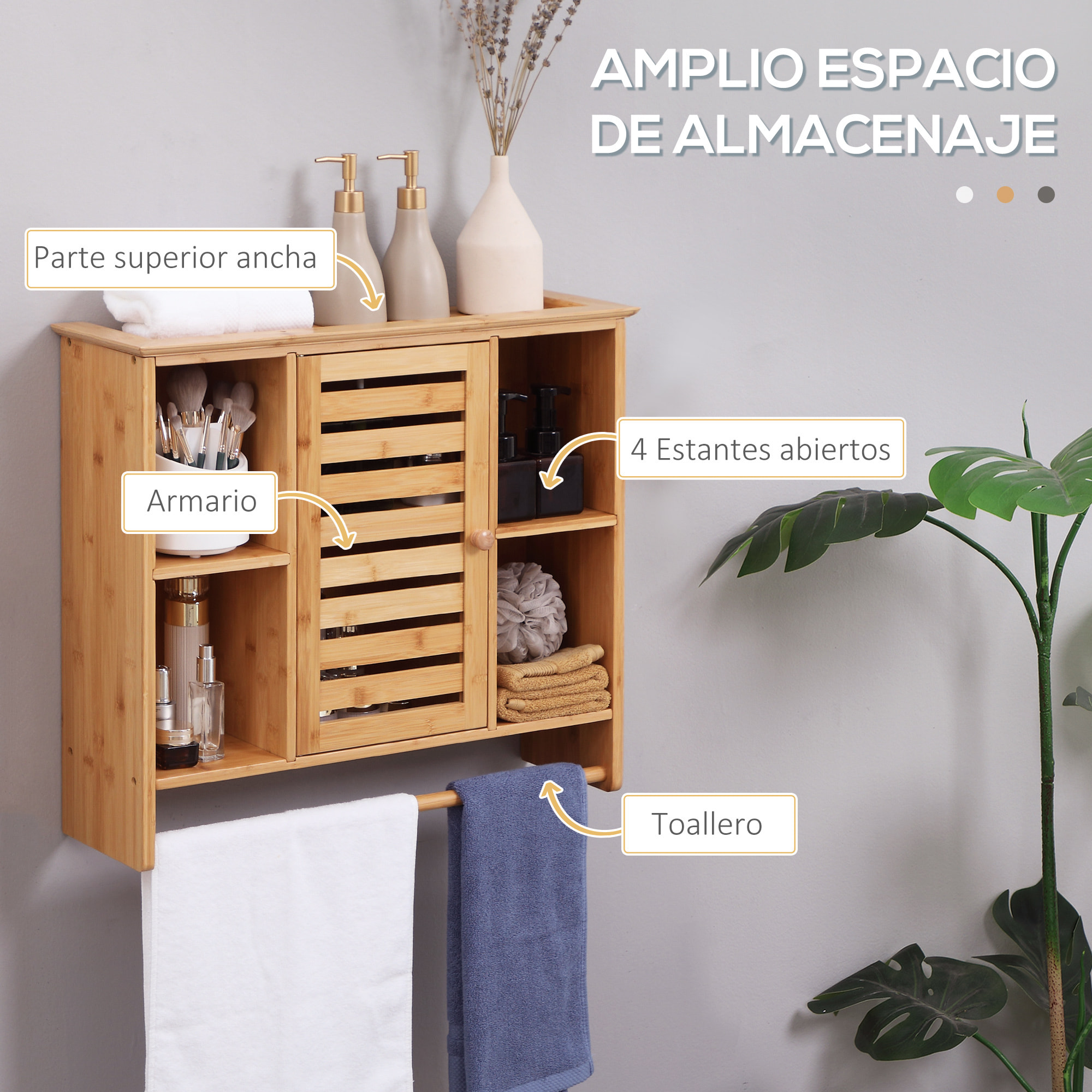 kleankin Armario de Pared de Bambú Mueble Colgante de Baño con Puerta Magnético 4 Compartimientos de Almacenaje y Barra para Colgar para Cocina Dormitorio Ducha 65x17,8x54,6 cm Natural