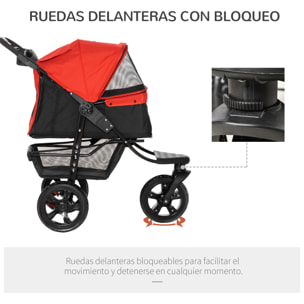 Cochecito para Mascotas Plegable Carritos para Perros con 3 Ruedas Puerta Ventanas de Malla Cesta de Almacenaje y Correas de Seguridad Marco Acero 109,5x57,5x106,5 cm Rojo