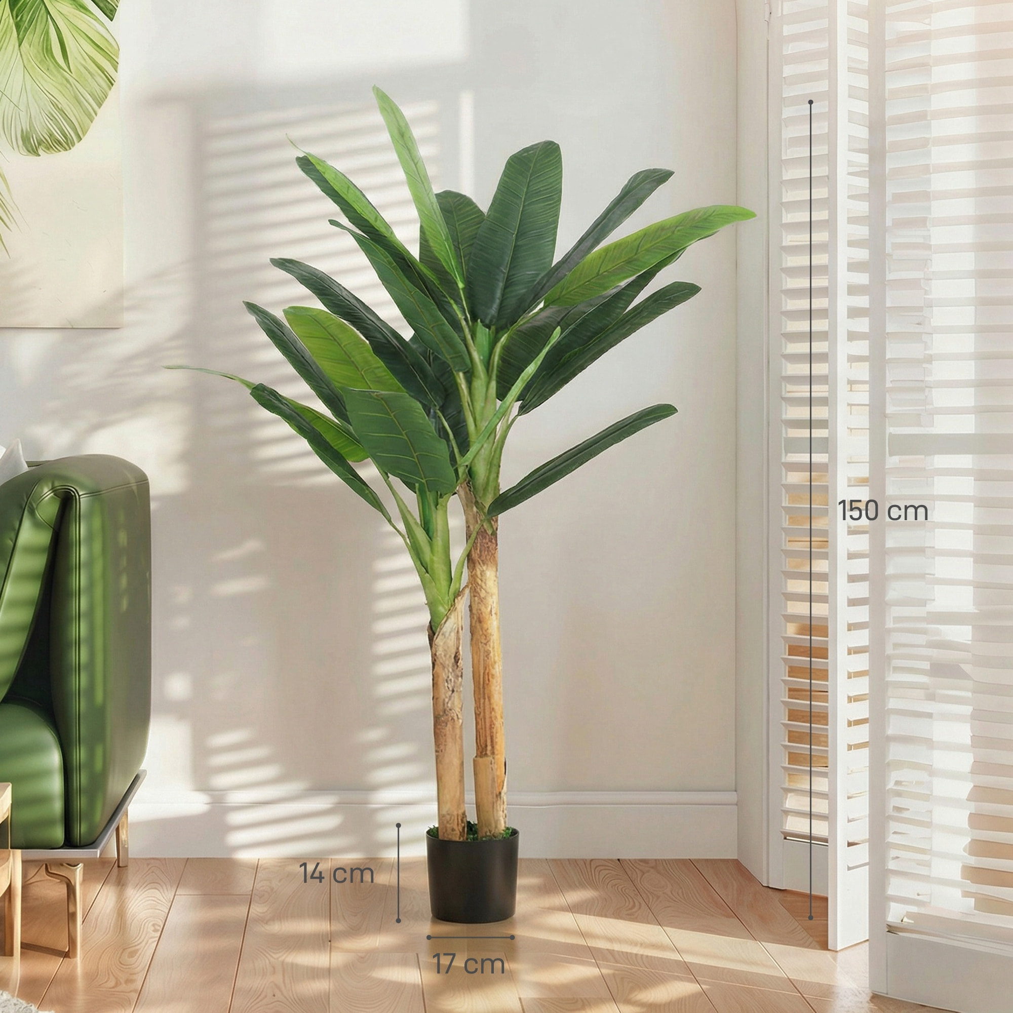 Árbol de Plátano Artificial 150 cm, Planta Artificial Decorativa con Maceta y 2 Troncos, para Decoración del Interior, Hogar, Oficina, Salón, Verde