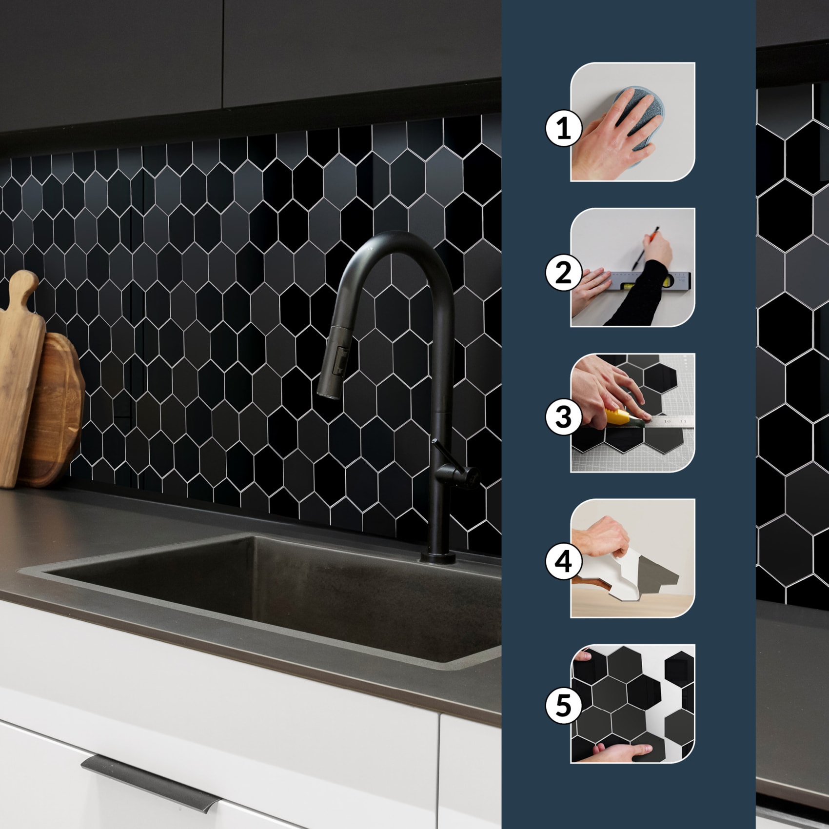 Crédence adhésive murale 3D  - Effet carrelage hexagonal 4 pièces - Noir