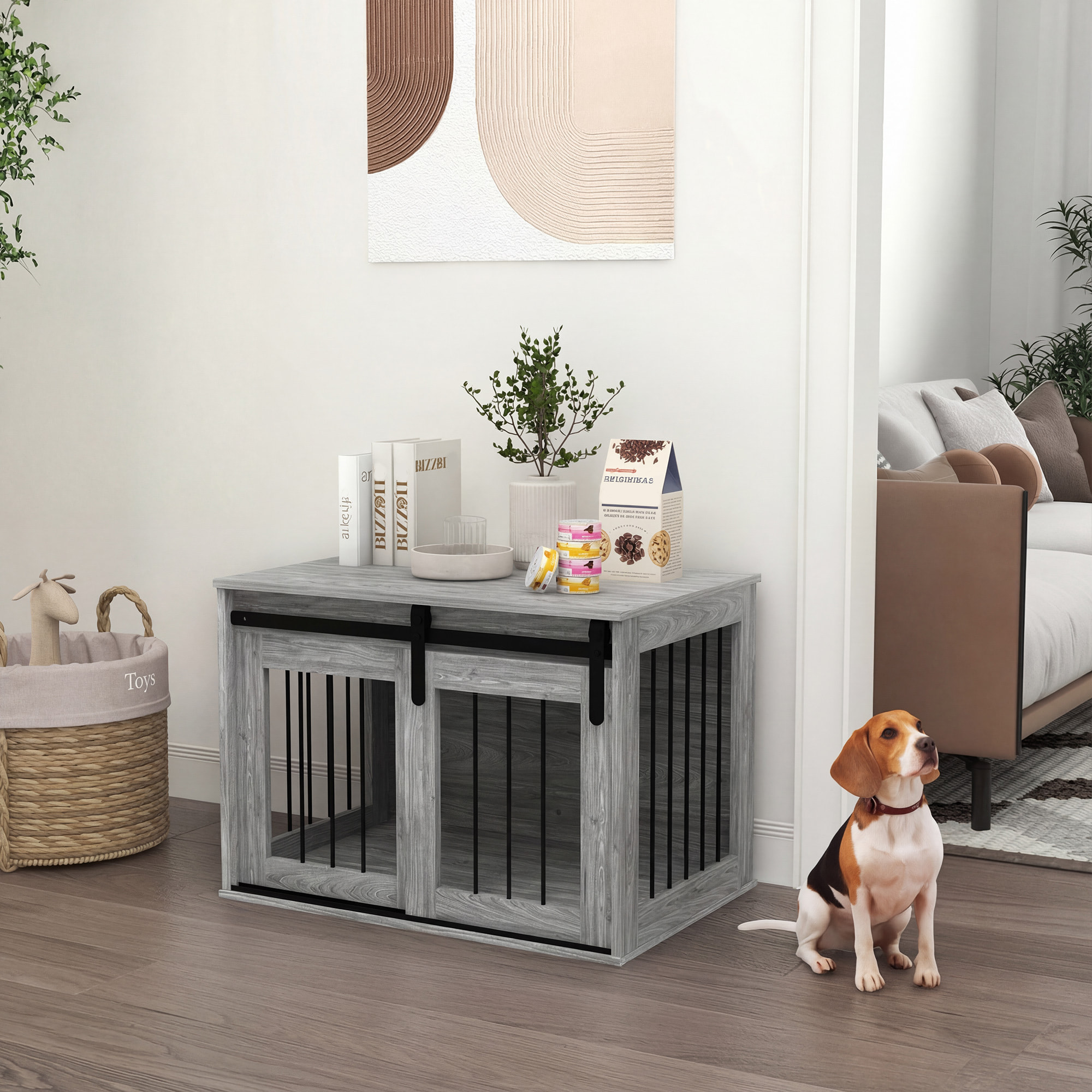 Cage pour chien animaux style industriel - porte coulissante verrouillable - acier noir aspect bois gris