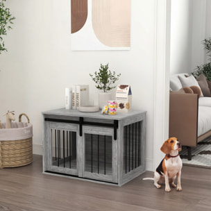 Cage pour chien animaux style industriel - porte coulissante verrouillable - acier noir aspect bois gris