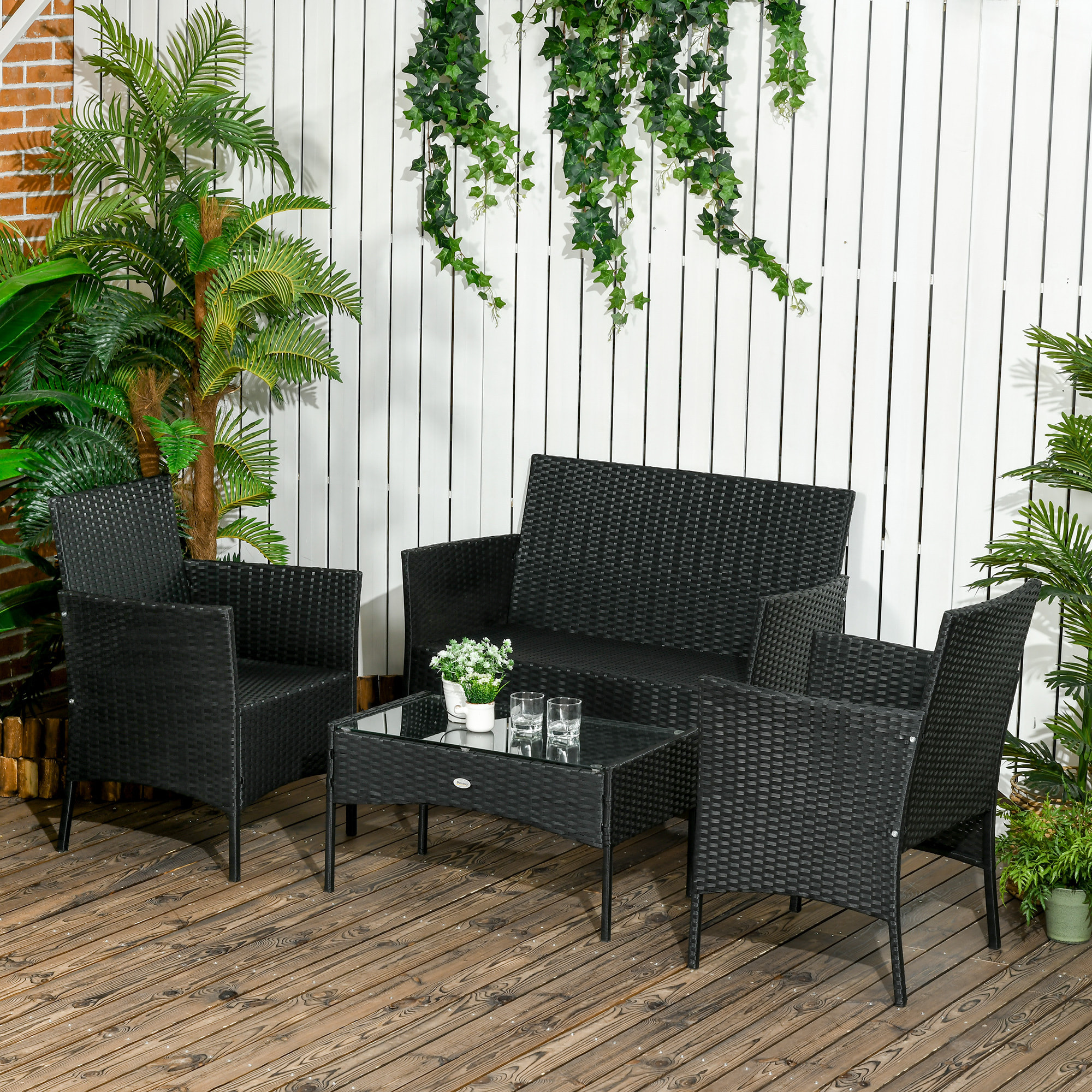 Outsunny Conjunto de Jardín de Ratán Sintético Juego de 4 Piezas Muebles de Jardín con 2 Sillones 1 Sofá de 2 Plazas 1 Mesa de Centro con Tablero de Vidrio y Cojines Negro y Crema