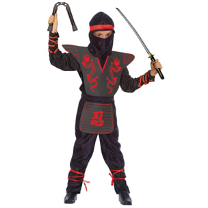 Costume Carnevale Ninja Fighter Con Kit Armi Nero Rosso Bambino