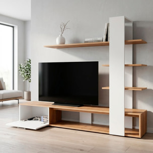 Parete Attrezzata Soggiorno Mobile Tv Ripiani Mensola Moderno Living Arredo Contemporaneo Contenitore Vani Salvaspazio 190x152x35 Cm Rovere E Bianco