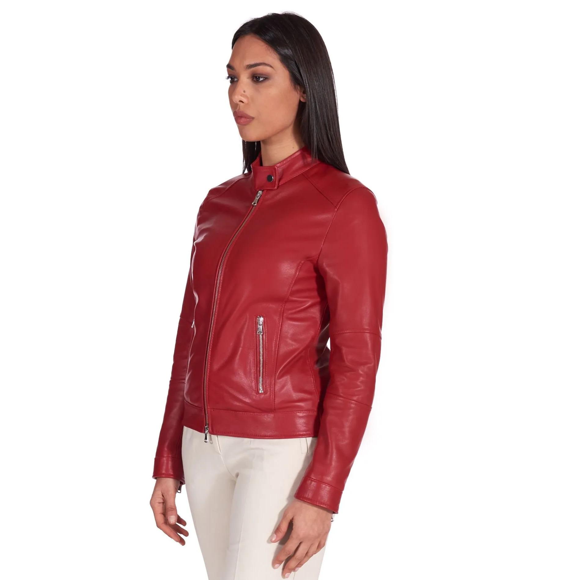 Giacca biker in pelle rossa nappa effetto liscio