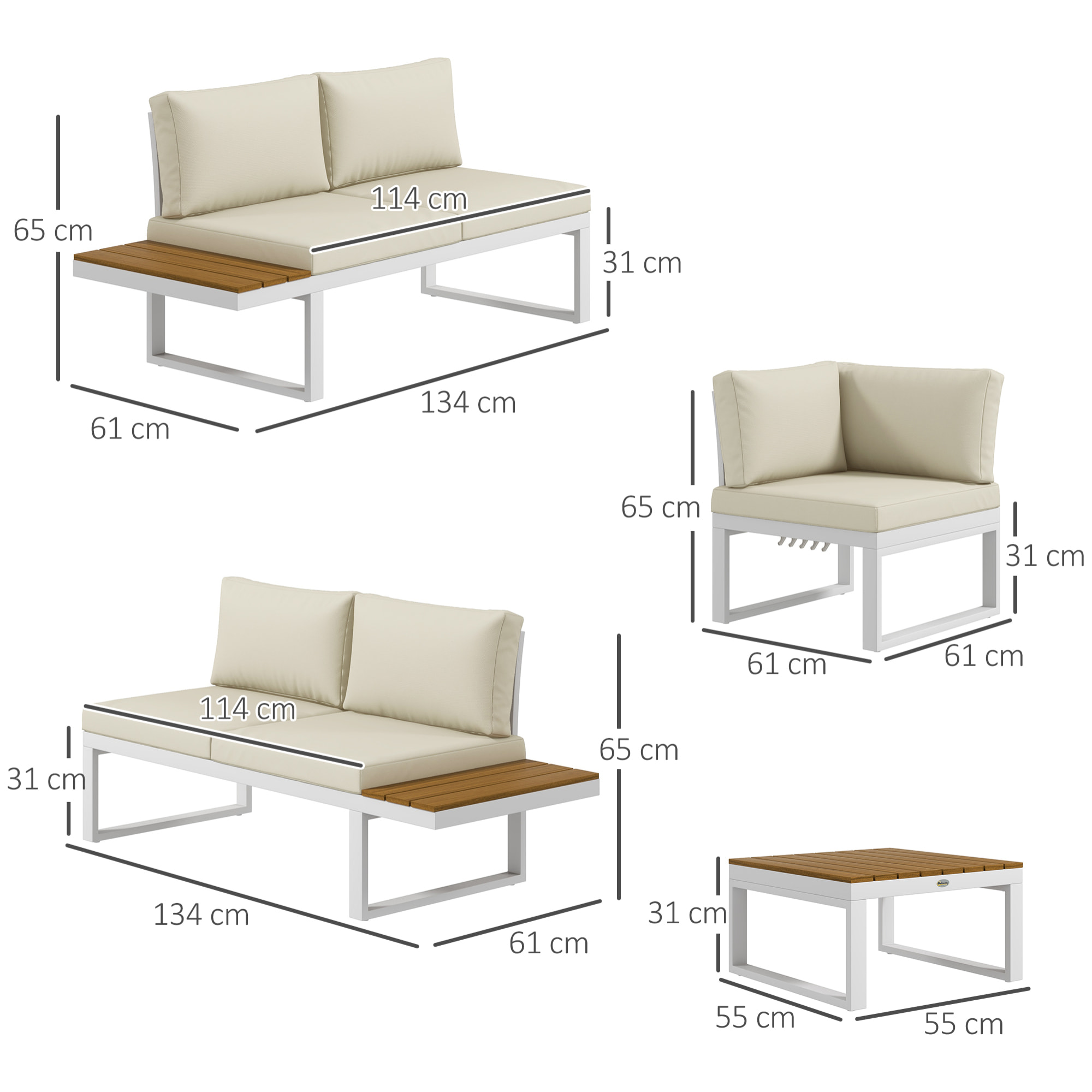 Conjunto de Muebles de Jardín Exterior 4 Piezas Juego de Muebles de Terraza Incluye 2 Sofás Dobles 1 Sofá Esquinero Reclinable y Mesa de Centro con Cojines para Patio Crema