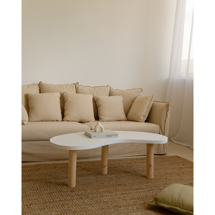 Table basse en bois massif avec plateau en teinte blanche et pieds en teinte naturelle en différentes tailles