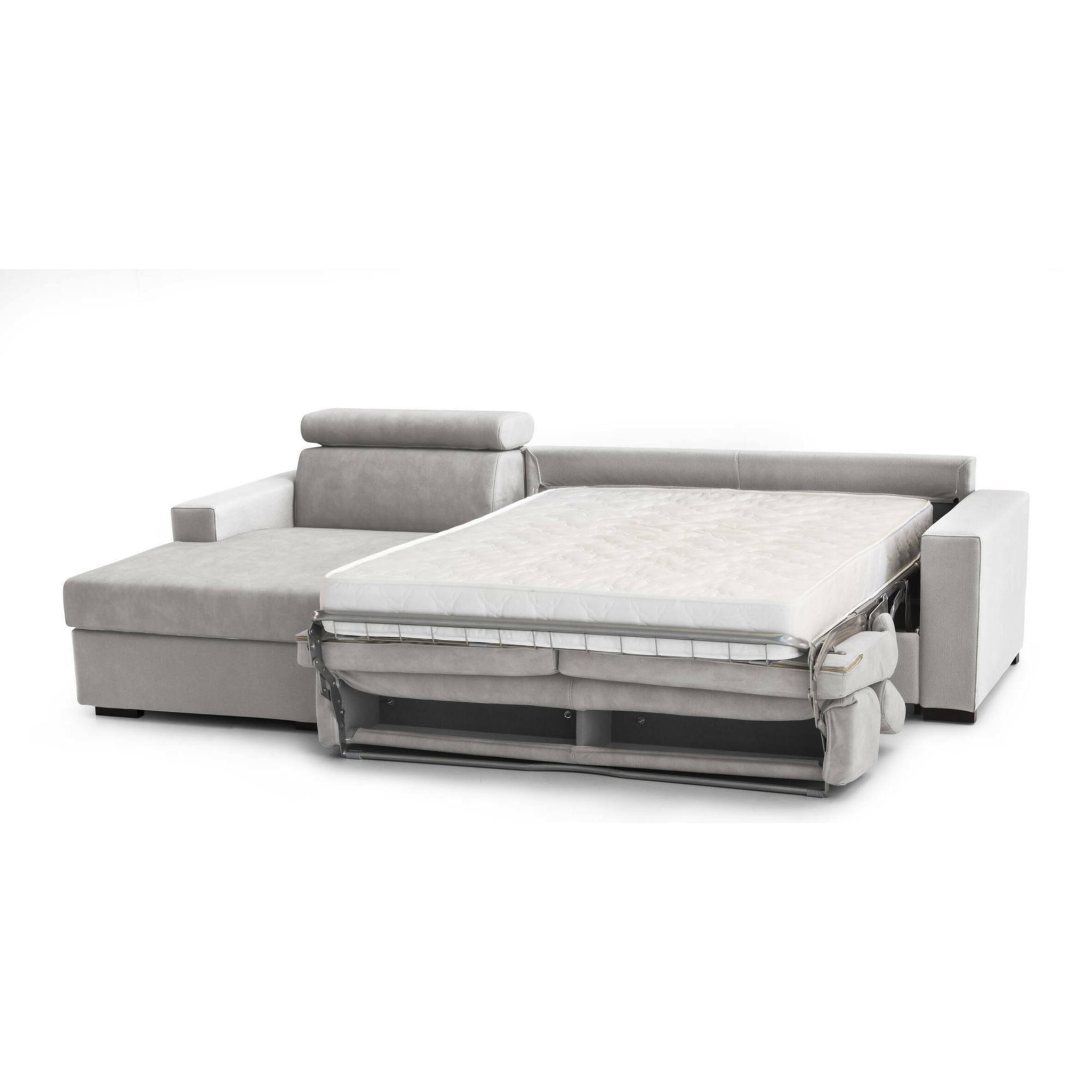 Divano Letto Aleandra, Divano ad angolo, 100% Made in Italy, Sofà con apertura girevole, con Penisola contenitore Sinistra, con Braccioli slim, Cm 260x95h85, Grigio