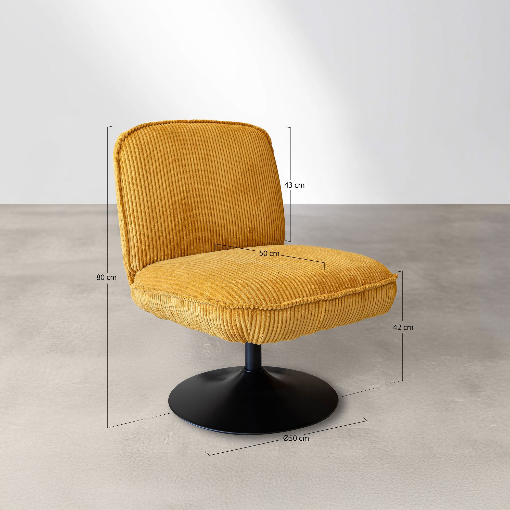 Fauteuil pivotant en velours jaune et pied en métal noir FUNKY
