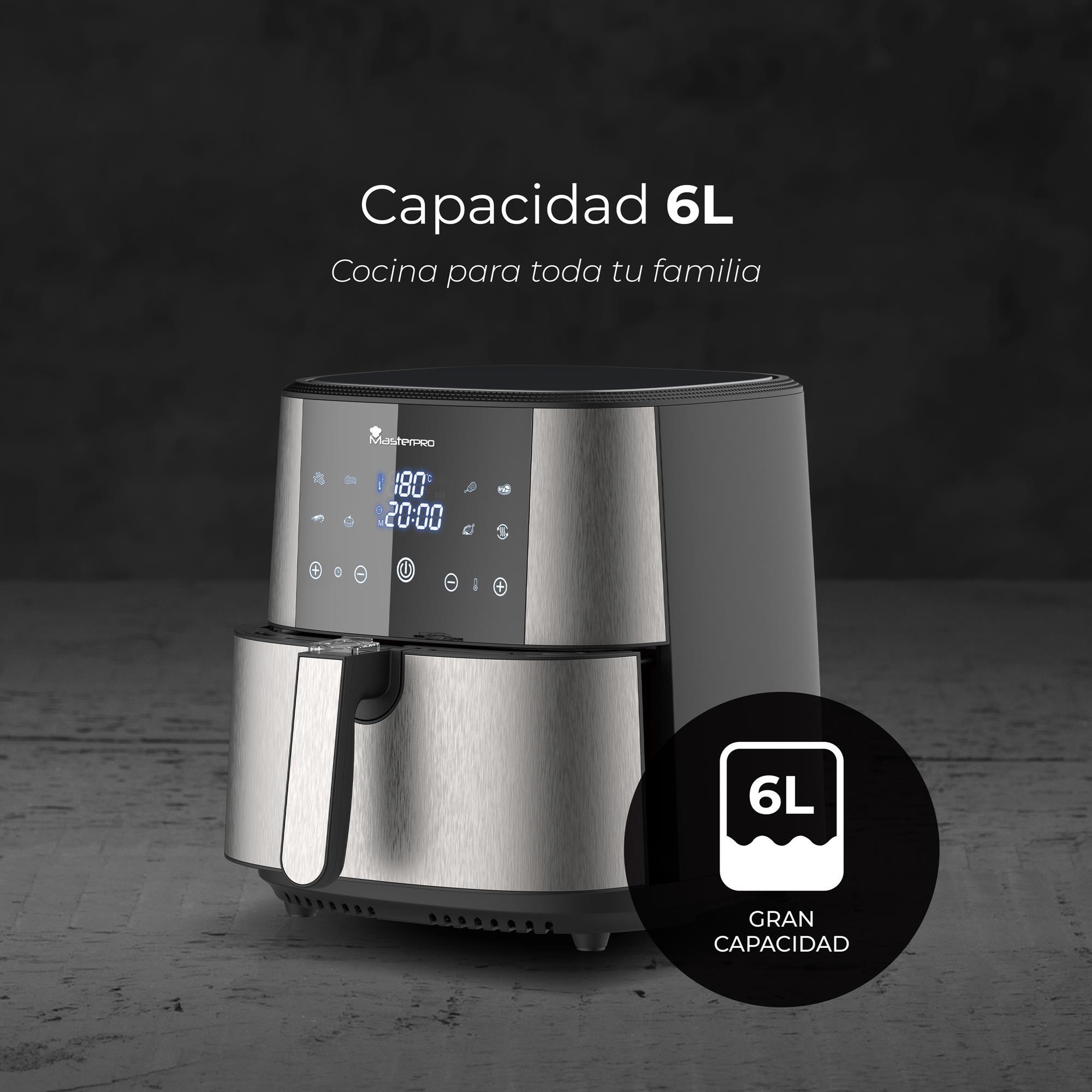 Freidora de aire sin aceite con capacidad de 6l y 1800w de potencia con pantalla led táctil con 8 funciones diferentes masterpro