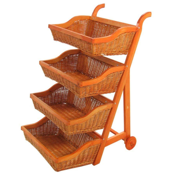 Scaffale espositore in vimini con 4 cestelli e ruote cm58x44h110