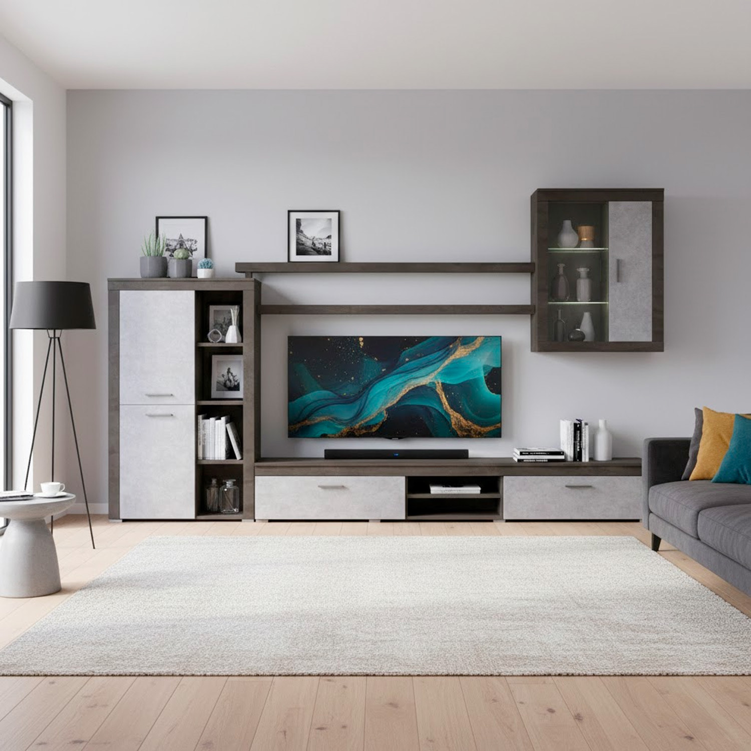 Parete Attrezzata Da Soggiorno Salotto Moderna Con Ante Mensole Vani A Giorno Vetrinetta Mobile TV 293 x 193 x 50 Cm Ossido E Grigio Cemento