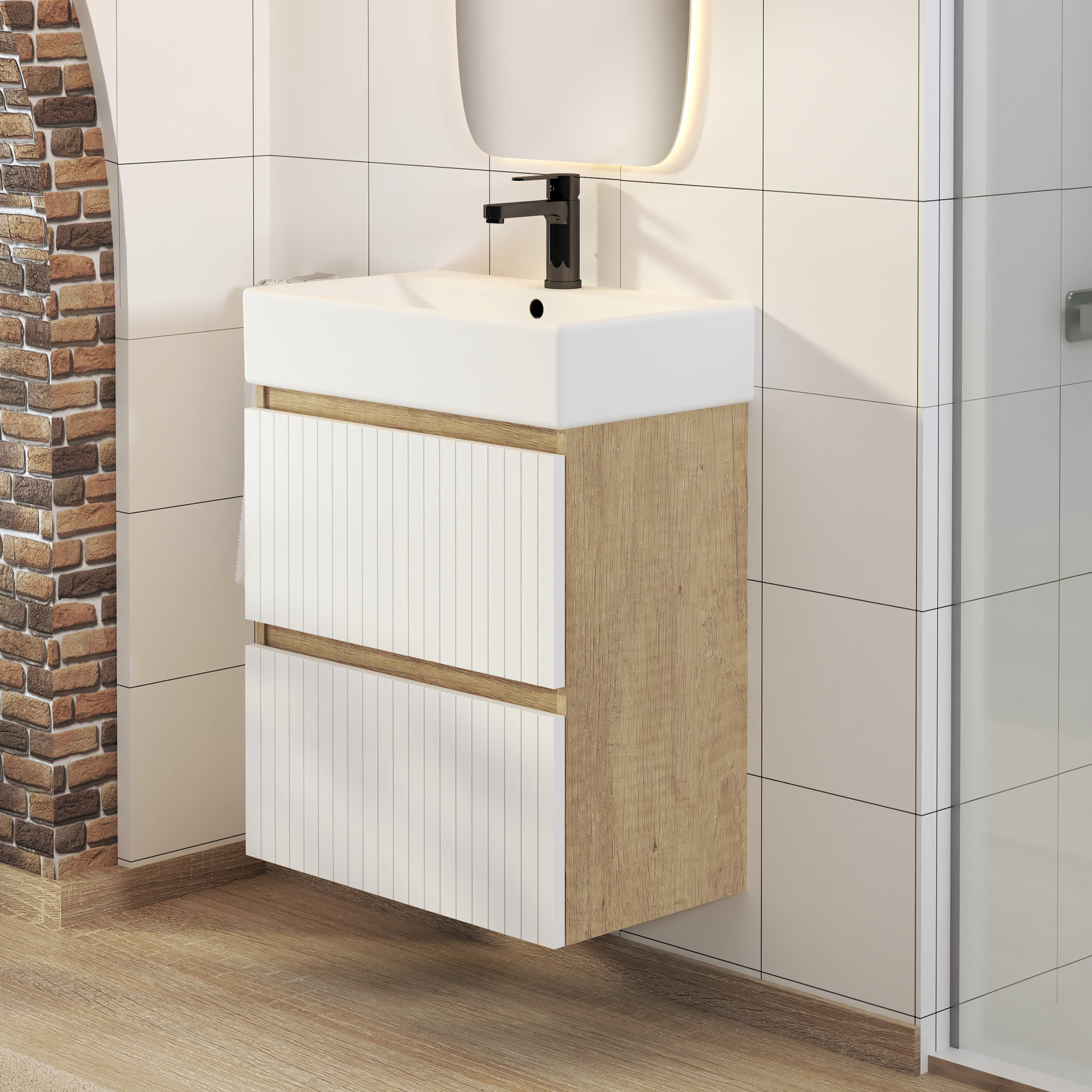Ensemble de Salle de Bain Zel | Meuble Suspendu | 60 cm Blanc | Deux Tiroirs | Lavabo Encastré | Miroir non inclus | Meuble Monté | Alday