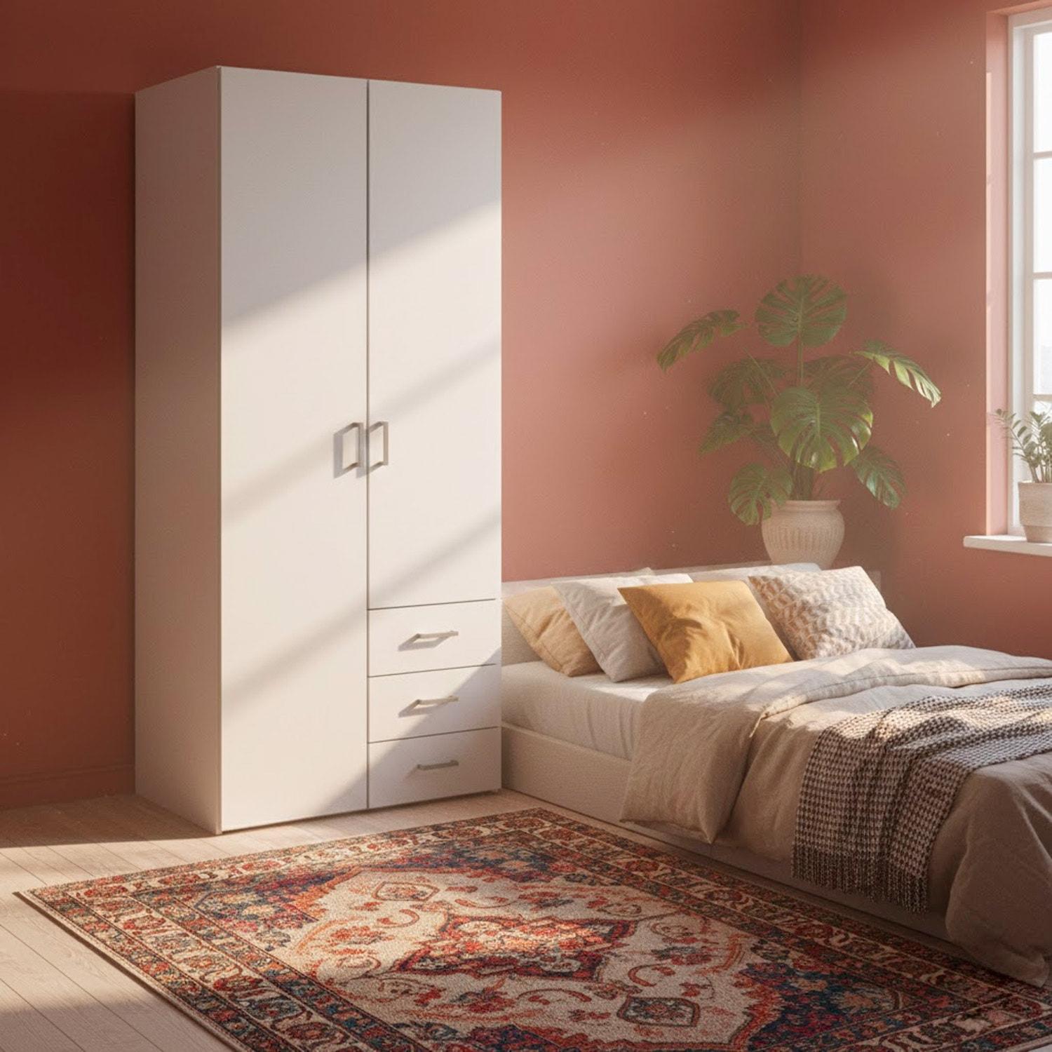 Armadio Con 2 Ante e 3 Cassetti Armadietto Multiuso Design Moderno Salvaspazio Vano Con Barra Appendiabiti E Ripiani 77.6 x 49.5 x 175.4 Cm Bianco