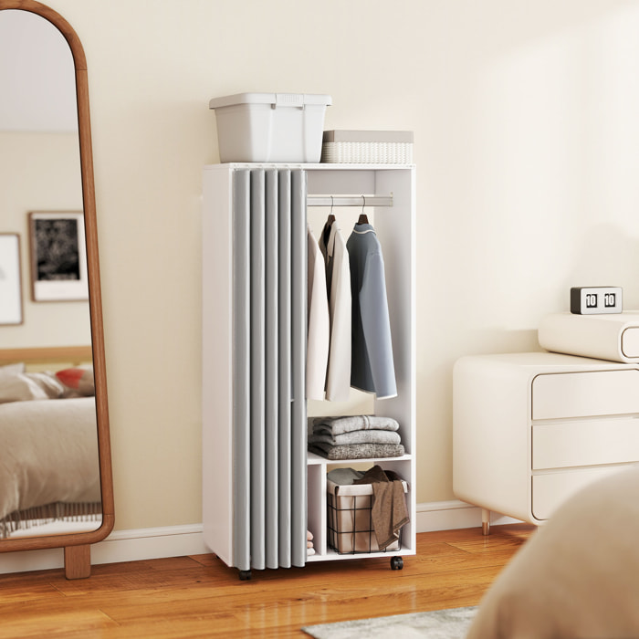 HOMCOM Armario Ropero con Ruedas, Armario para Ropa con Cortina, Barra para Colgar, 2 Compartimentos, Organizador de Ropa para Dormitorio, 60x40x128 cm, Blanco