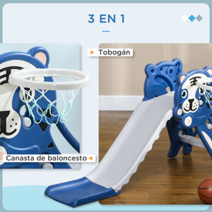 Tobogán Infantil 2 en 1 Tobogán para Niños de 18 a 36 Meses con 2 Escaleras 1 Canasta de Baloncesto y Patrón de Tigre para Interior 133x60x70 cm Azul y Gris