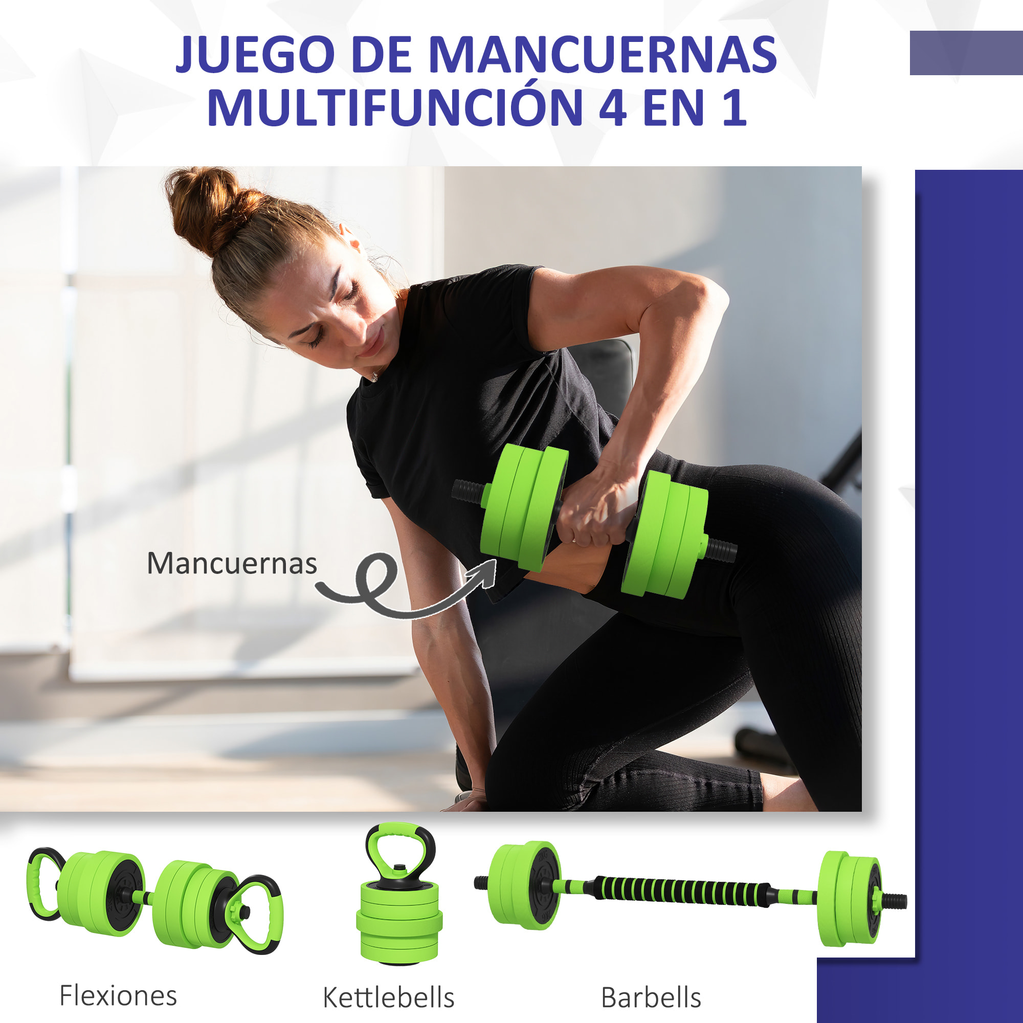 Kit de Mancuernas 20kg 4 en 1 Juego de Pesas con Kettlebell Barra de Pesas para Entrenamiento de Fuerza en Hogar Gimnasio Oficina Verde