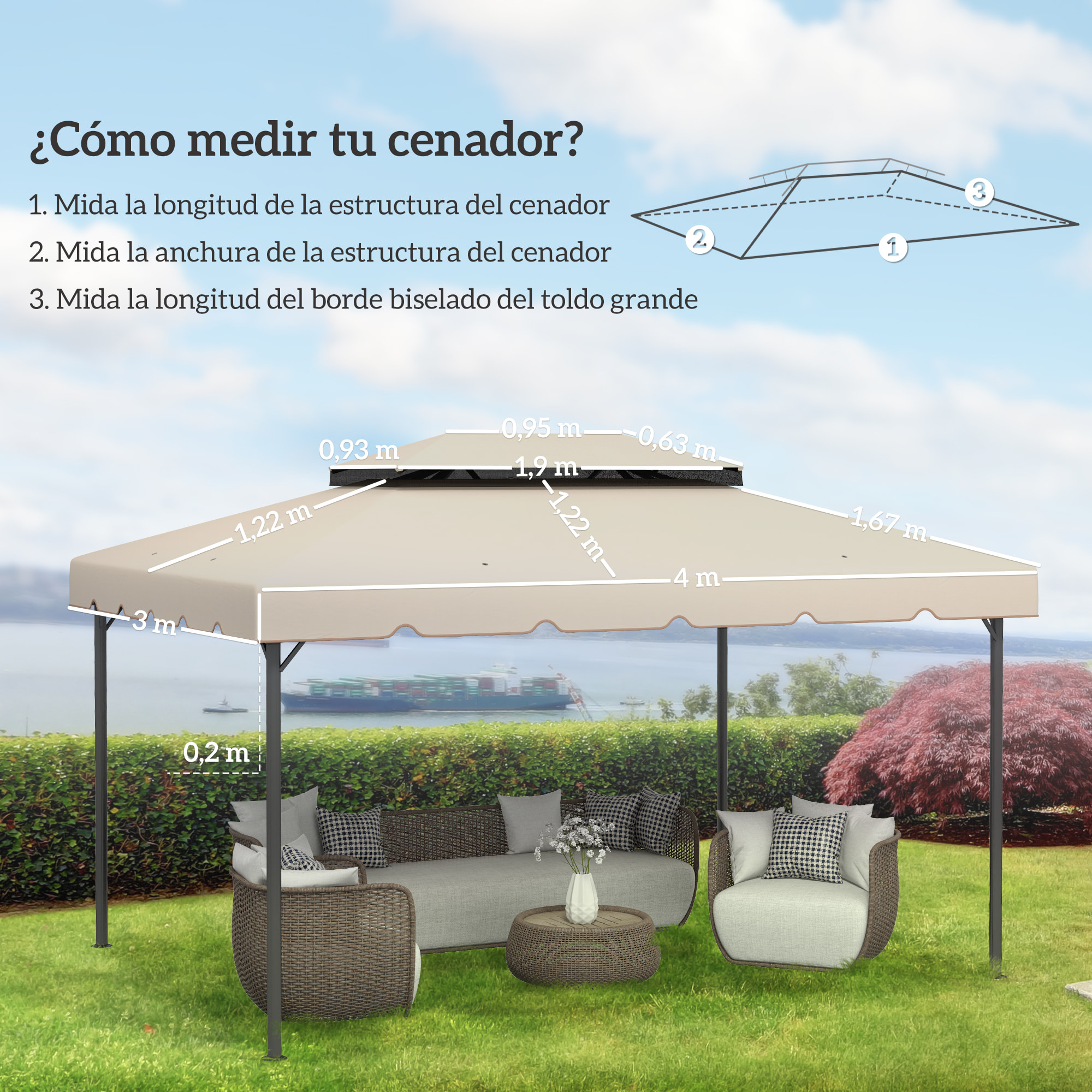 Techo de Repuesto para Cenador, 4x3 m, Cubierta de Repuesto con Doble Techo, 8 Orificios de Drenaje, SOLO Toldo de Recambio para Pabellón Gazebo, Beige