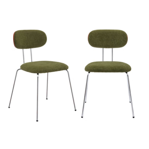 2 chaises décor bois courbé teinté noyer et tissu déperlant kaki. pieds métal chromé - L 45 x P 55 x H 80cm - Erin