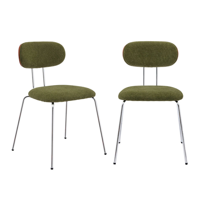 2 chaises décor bois courbé teinté noyer et tissu déperlant kaki. pieds métal chromé - L 45 x P 55 x H 80cm - Erin