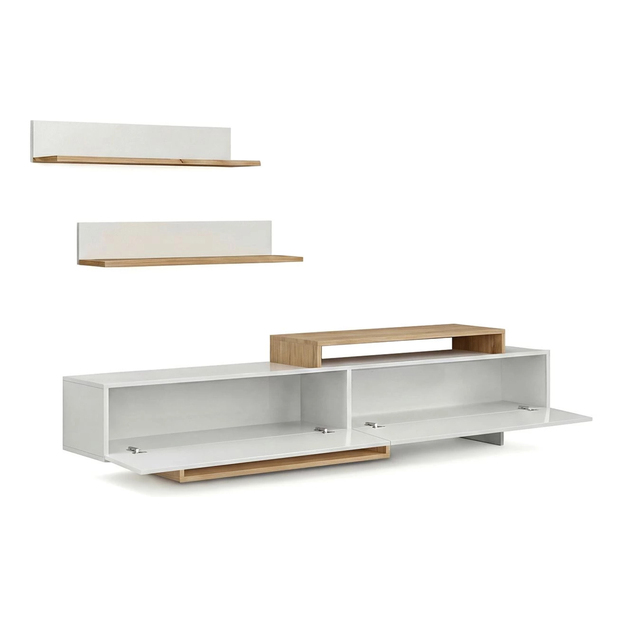 Salón con mueble TV y estanterías en blanco artik y alpino 200 cm Bender Blanco Artik (Blanco Mate) - Alpino