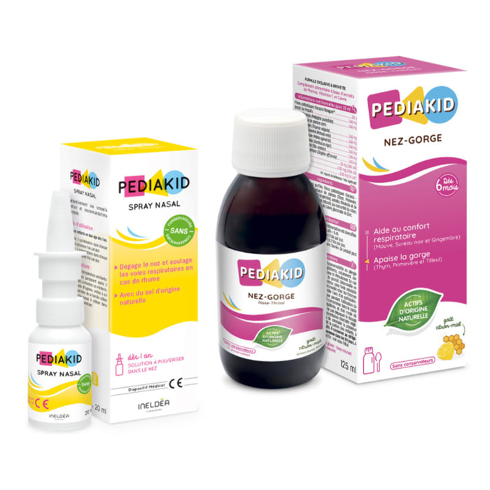 PEDIAKID - Pack Nez-Gorge sirop & spray - 1 sirop Nez-Gorge + 1 spray Nez-gorge - Aide à dégager le nez et apaiser la gorge - Soutien de l'immunité