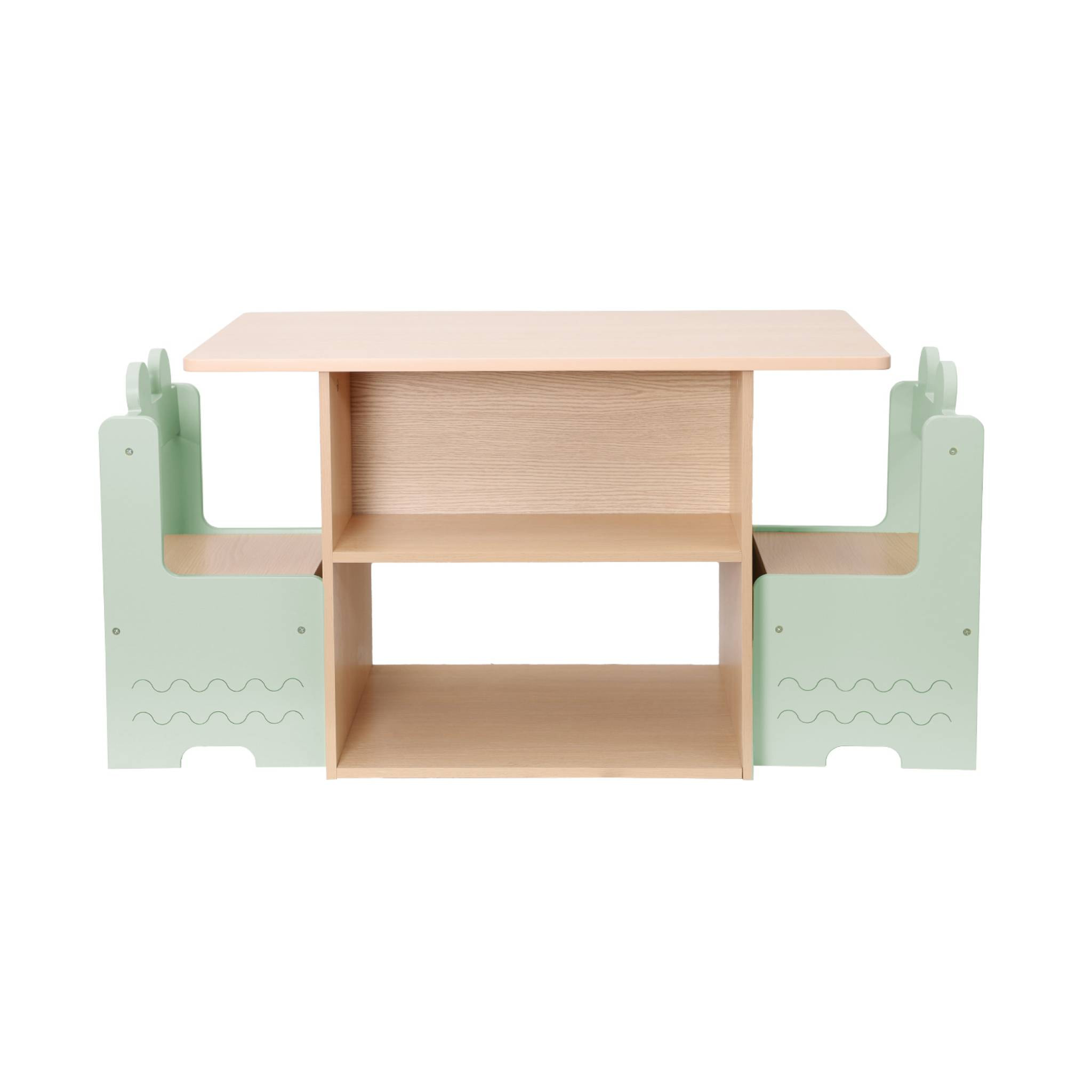 Table enfant + 2 chaises. avec étagères. vert