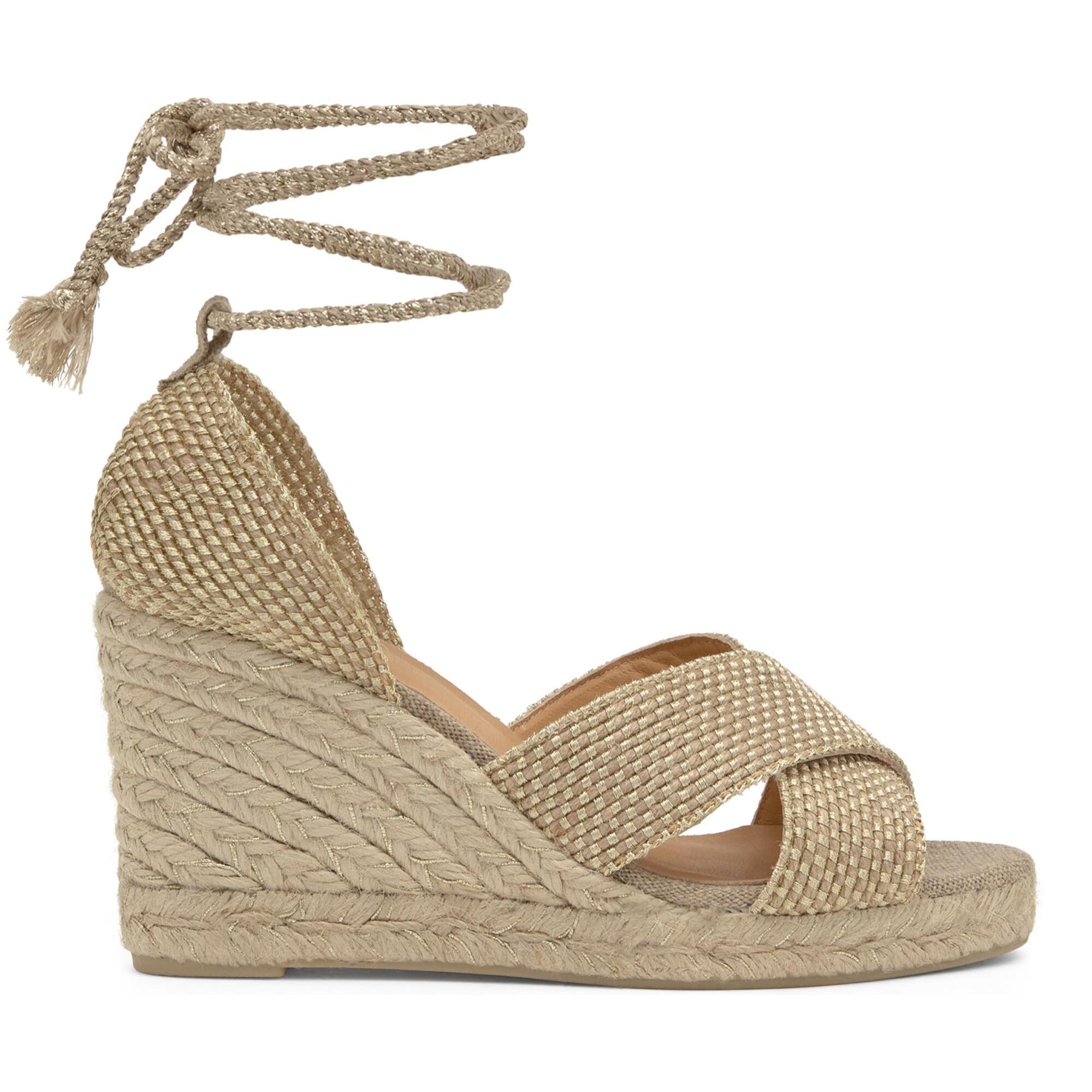 Sandalia de cuña Becca en yute y rayón con cierre de cintas