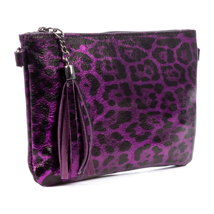 Oleggio bolso bandolera mujer. Piel auténtica Gamuza con estampado de animal print leopardo y lacada brillante.