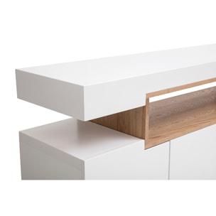 Buffet scandinave blanc laqué brillant et bois 4 portes L180 cm LIVO