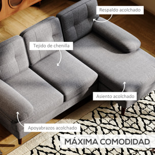 Sofá Esquinero de 3 Plazas Tapizado en Chenilla, Sofá Chaise Longue en Forma de L con Patas de Madera y Reposabrazos, Estilo Moderno, para Salón, 215x142x88 cm, Gris