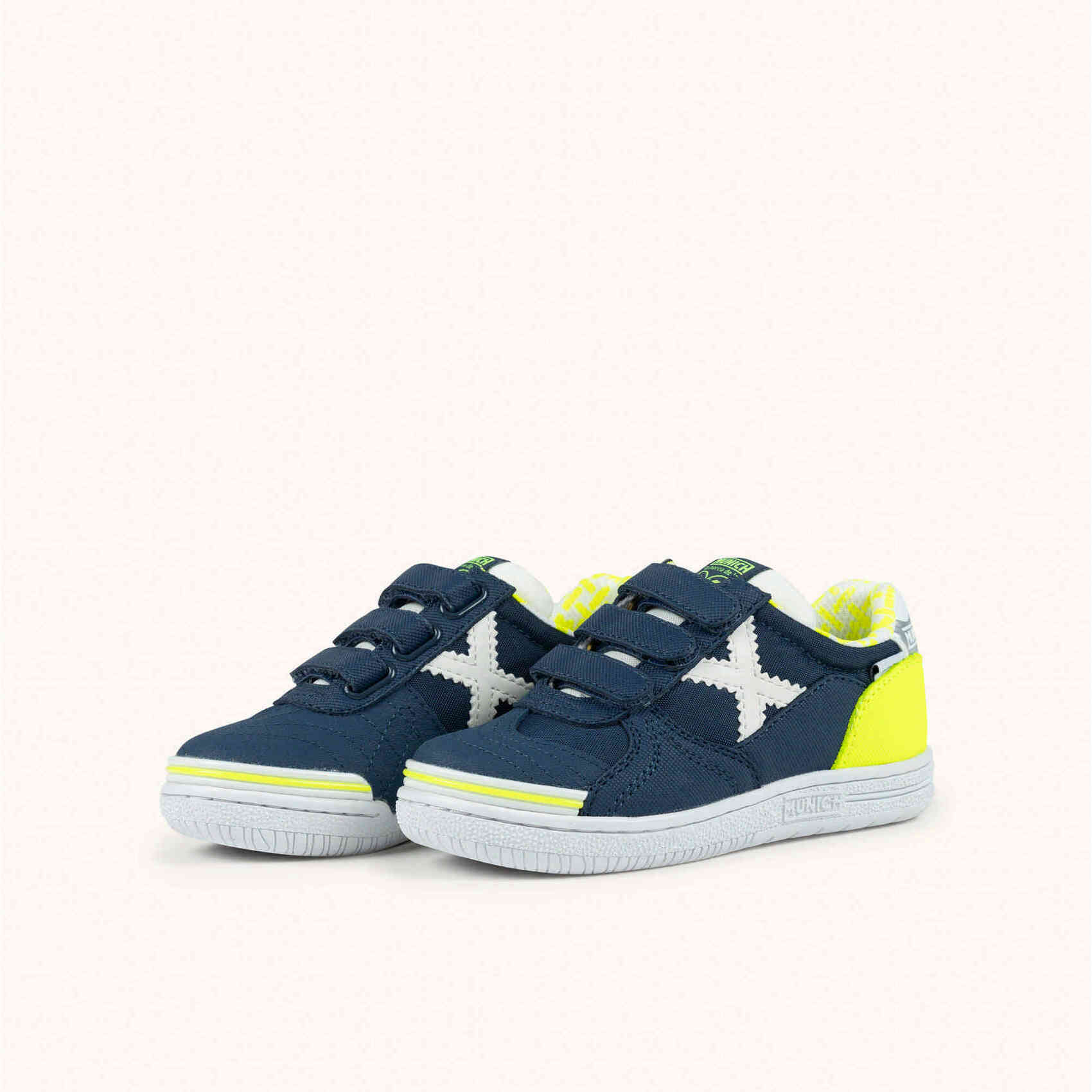 MUNICH G-3 KID VCO 459 Zapatillas Infantiles de Fútbol Sala Azul Petróleo con Talón Amarillo Flúor y Triple Velcro