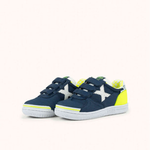 MUNICH G-3 KID VCO 459 Zapatillas Infantiles de Fútbol Sala Azul Petróleo con Talón Amarillo Flúor y Triple Velcro