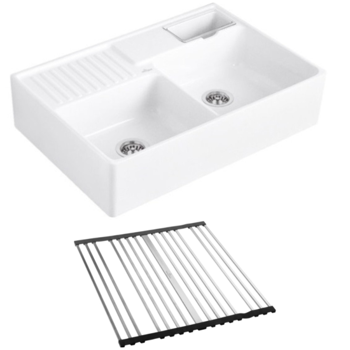Evier timbre d'office Tradition 2 bacs 89,5 x 63 céramique vidage auto blanc + Egouttoir déroulable