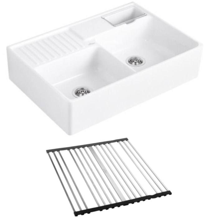 Evier timbre d'office Tradition 2 bacs 89,5 x 63 céramique vidage auto blanc + Egouttoir déroulable