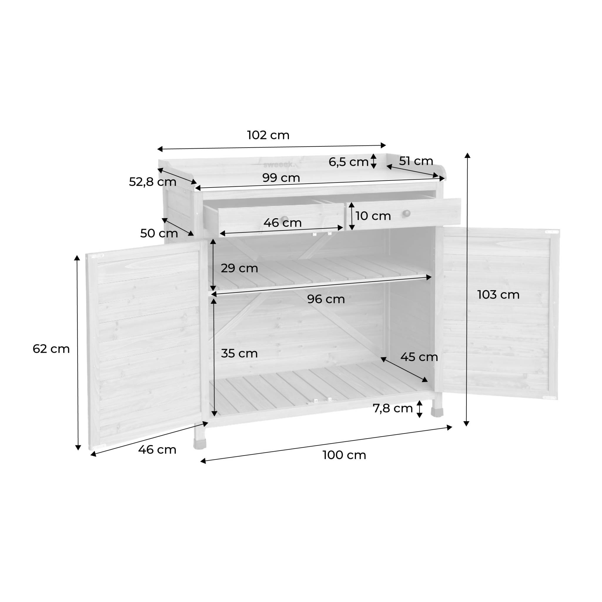 Meuble de rangement. table de rempotage en bois avec 2 portes et 2 tiroirs. L 102 x P 52.8 x H 103.5cm