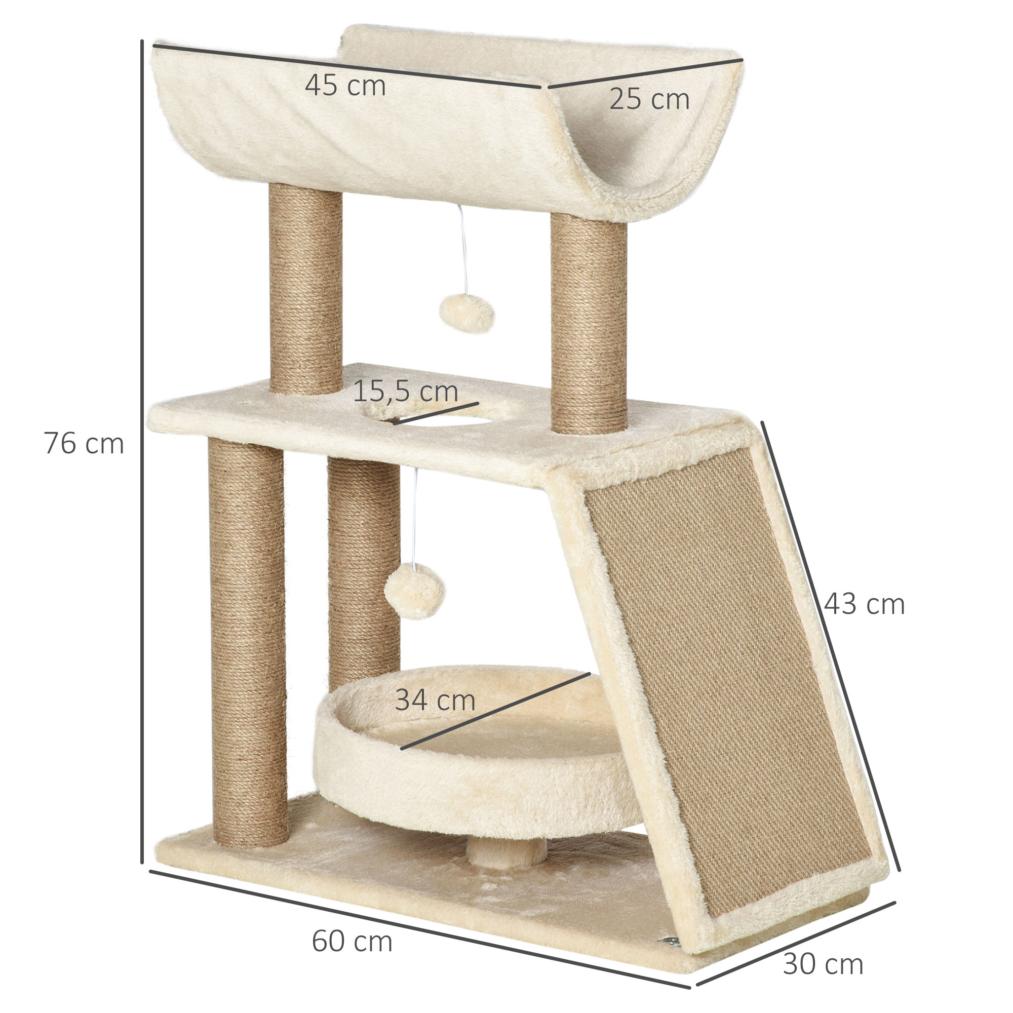 Arbre à chat griffoirs grattoir jeu boules suspendues plateformes ronde, rectangulaire et demi-cylindrique peluche jute naturelle beige
