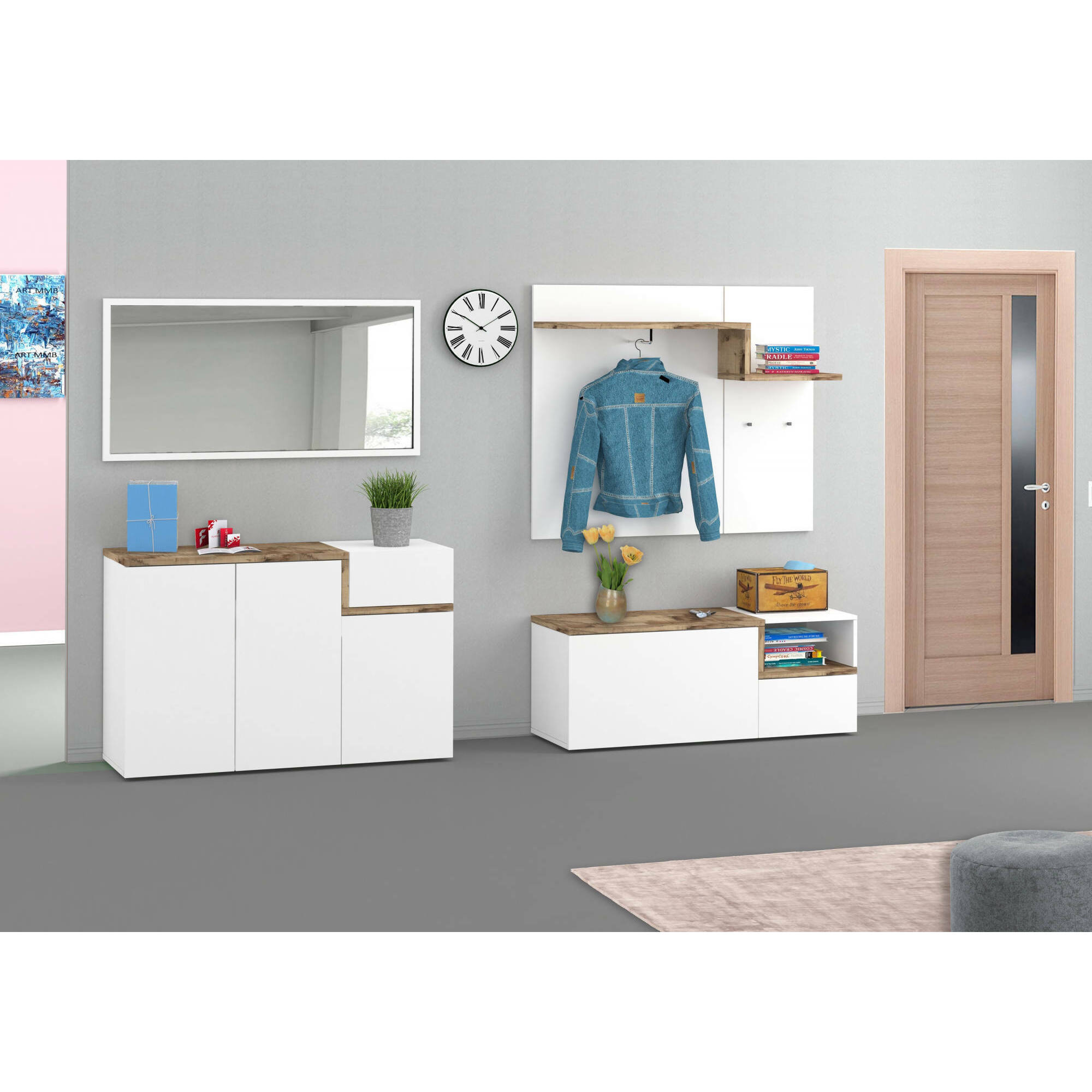 Mobile da ingresso Mugello, Entratina moderna multifunzione, Armadietto multiuso per atrio, 100% Made in Italy, cm 120x30h100, Bianco lucido e Acero