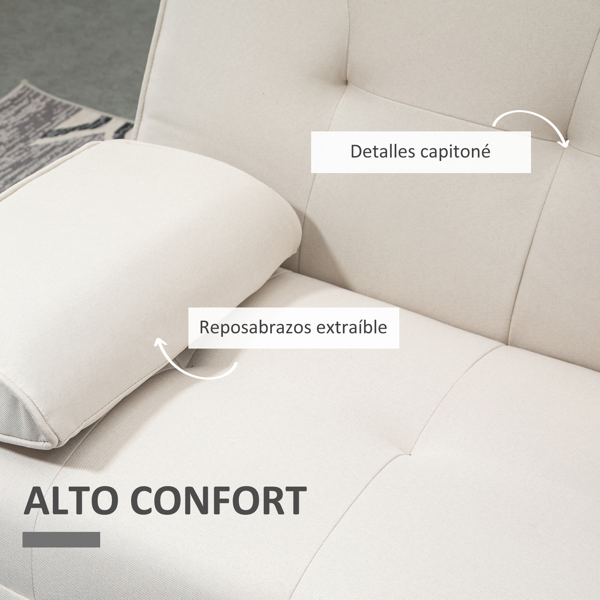 Sofá Cama 3 Plazas, Mesa Abatible con 2 Soportes para Vasos, 181x77x78 cm, Sofá Cama con Respaldo Ajustable, Apertura Clik-Clak, Reposabrazos Desmontables, Patas de Madera, Beige