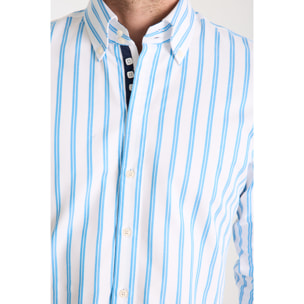 Camicia Uomo 2 Bottoni Button Down Slim Armaturato Riga Larga Bianco e Turchese