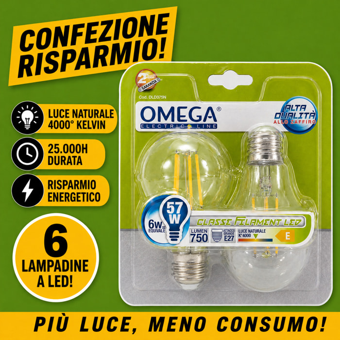 OMEGA Set 6 Lampadine Filament LED 6W E27 4000K