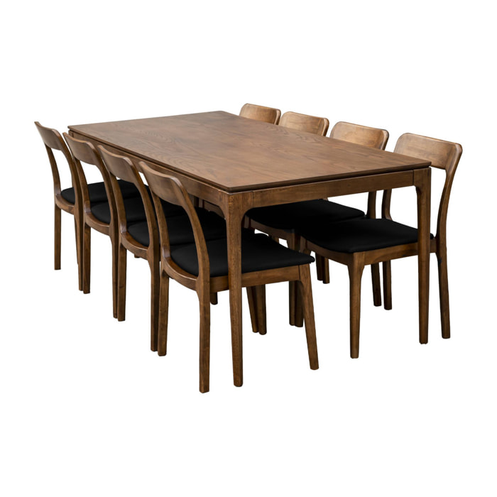 Table à manger ELENA rectangulaire en bois d'hévéa et placage frêne 200 cm. 8 chaises tissu noir. L 200 x P 90 x H 76cm