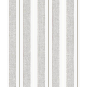 Papier peint rayures tissé gris lin filet or