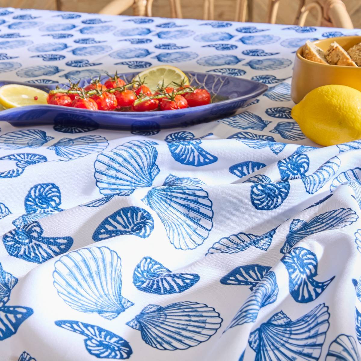Nappe Oceania 240x140cm bleu navy imprimé coquillages