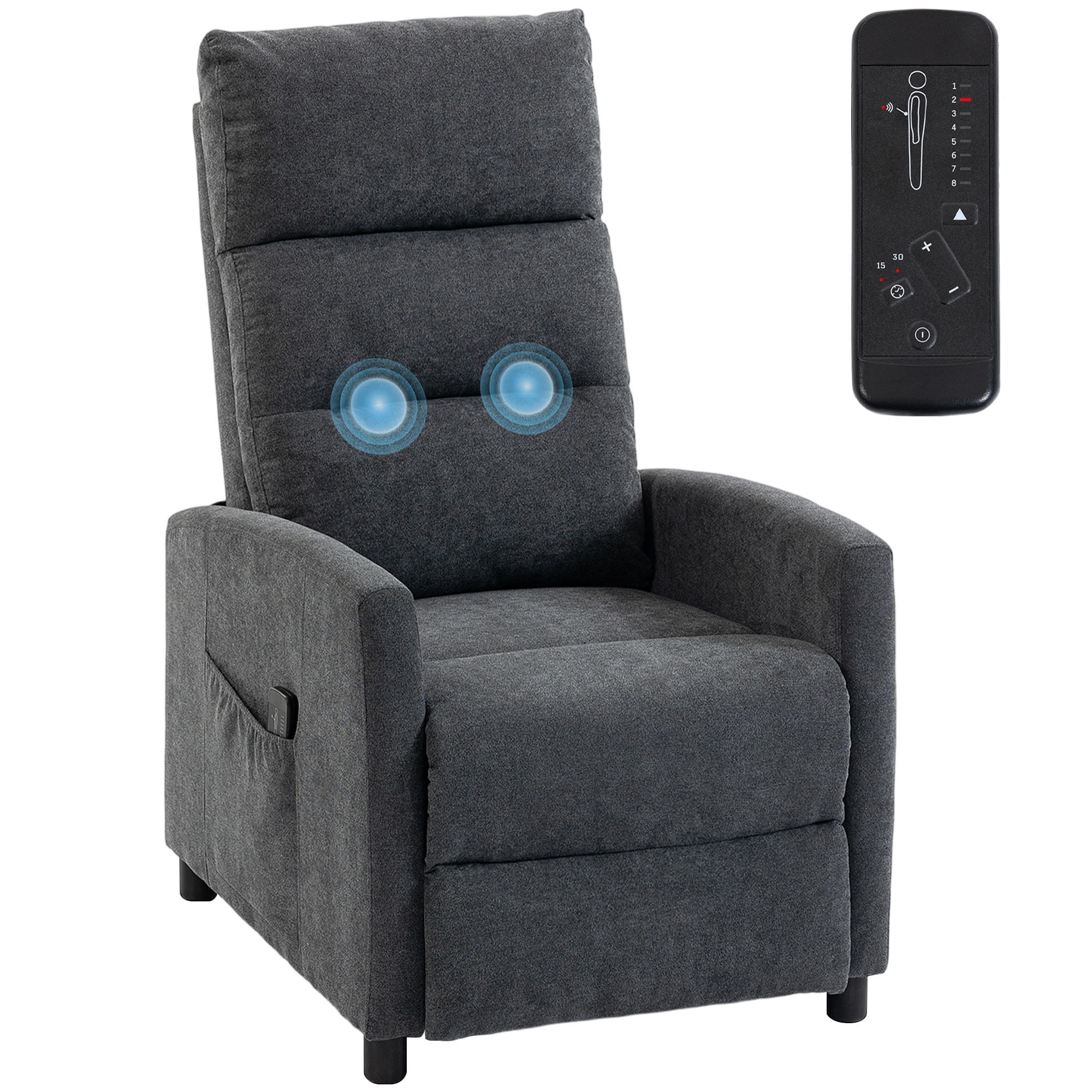 Sillón de Masaje, Sillón Relax Reclinable 160° con Mando a Distancia, Reposapiés, 2 Zonas de Masaje, Respaldo Alto, Asiento de Muelles, Bolsillos, Tapizado en Chenilla, 66x91x108 cm Gris Oscuro
