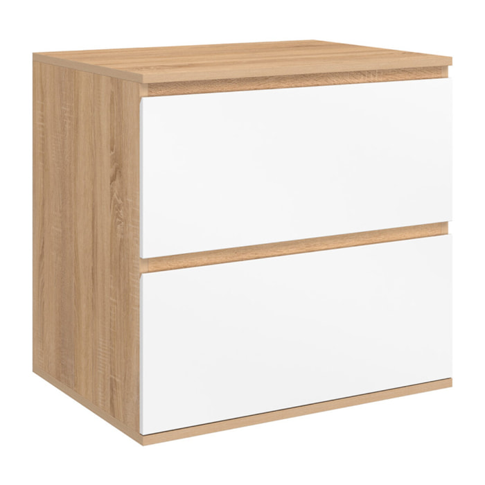 Meuble sous vasque suspendu Tom 2 tiroirs blanc et effet hêtre L60cm