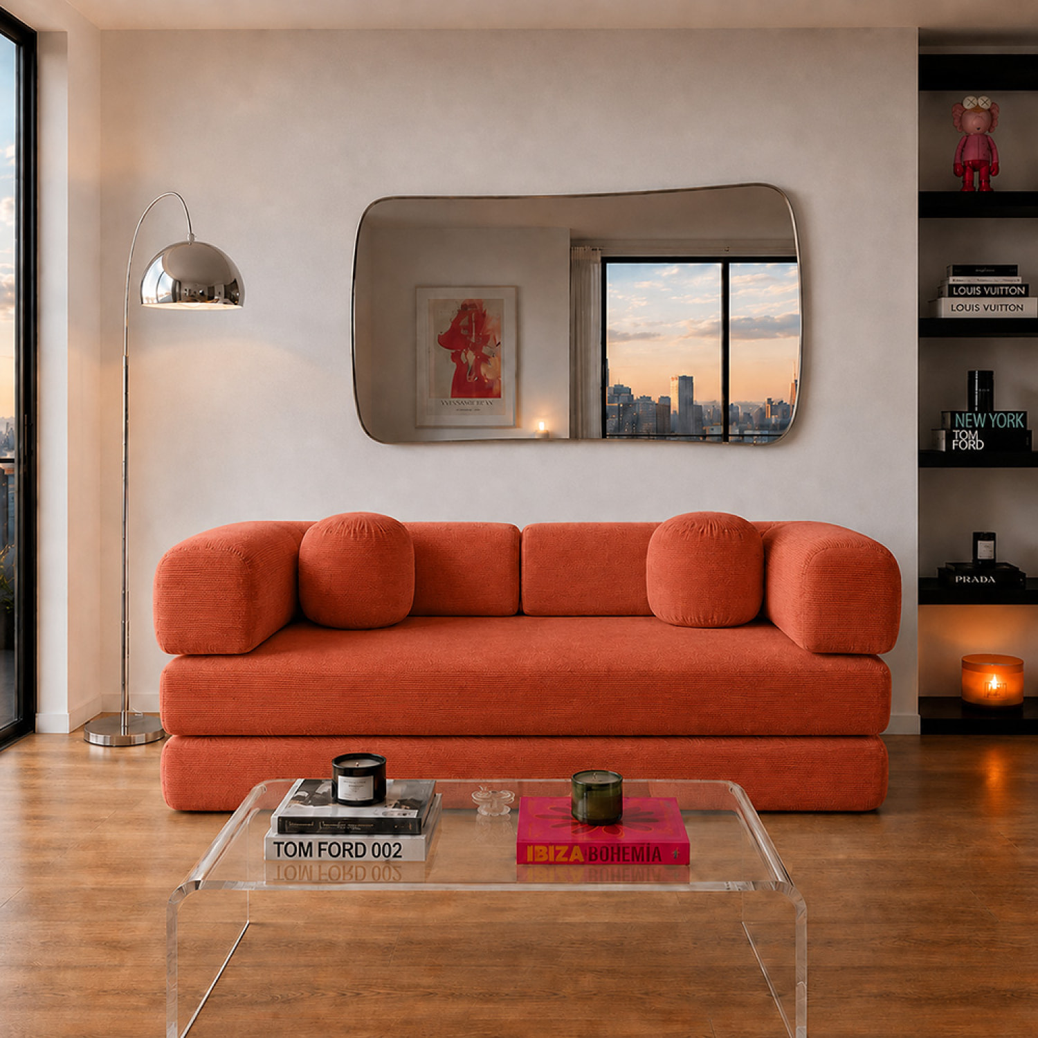 Canapé compressé convertible modulable 3 places en velours côtelé terracotta DEAN