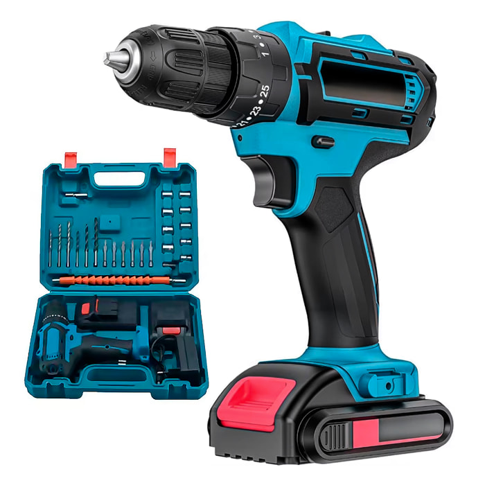 Cacciavite elettrico e trapano, con batteria, set di accessori e valigetta